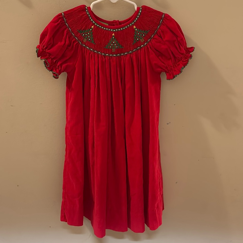 Red corduroy Christmas tree smocked dress 4T